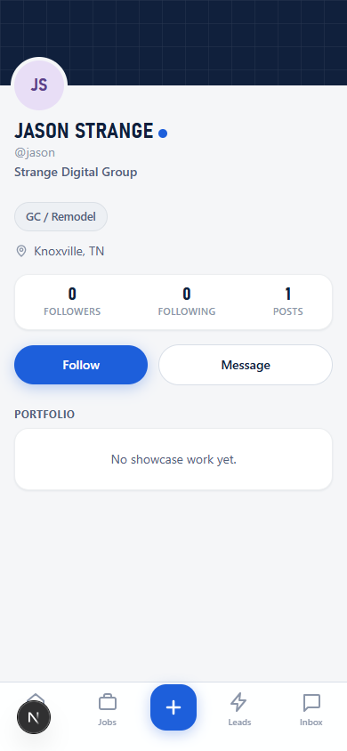 CrewVet contractor profile with verification badges and a portfolio grid